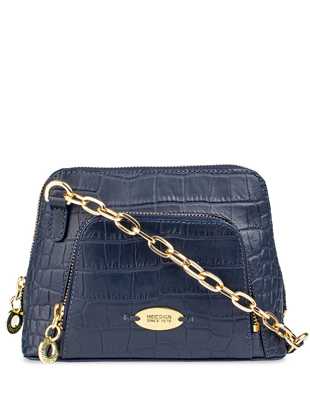 

Hidesign Textured Leather Structured Sling Bag, Navy blue