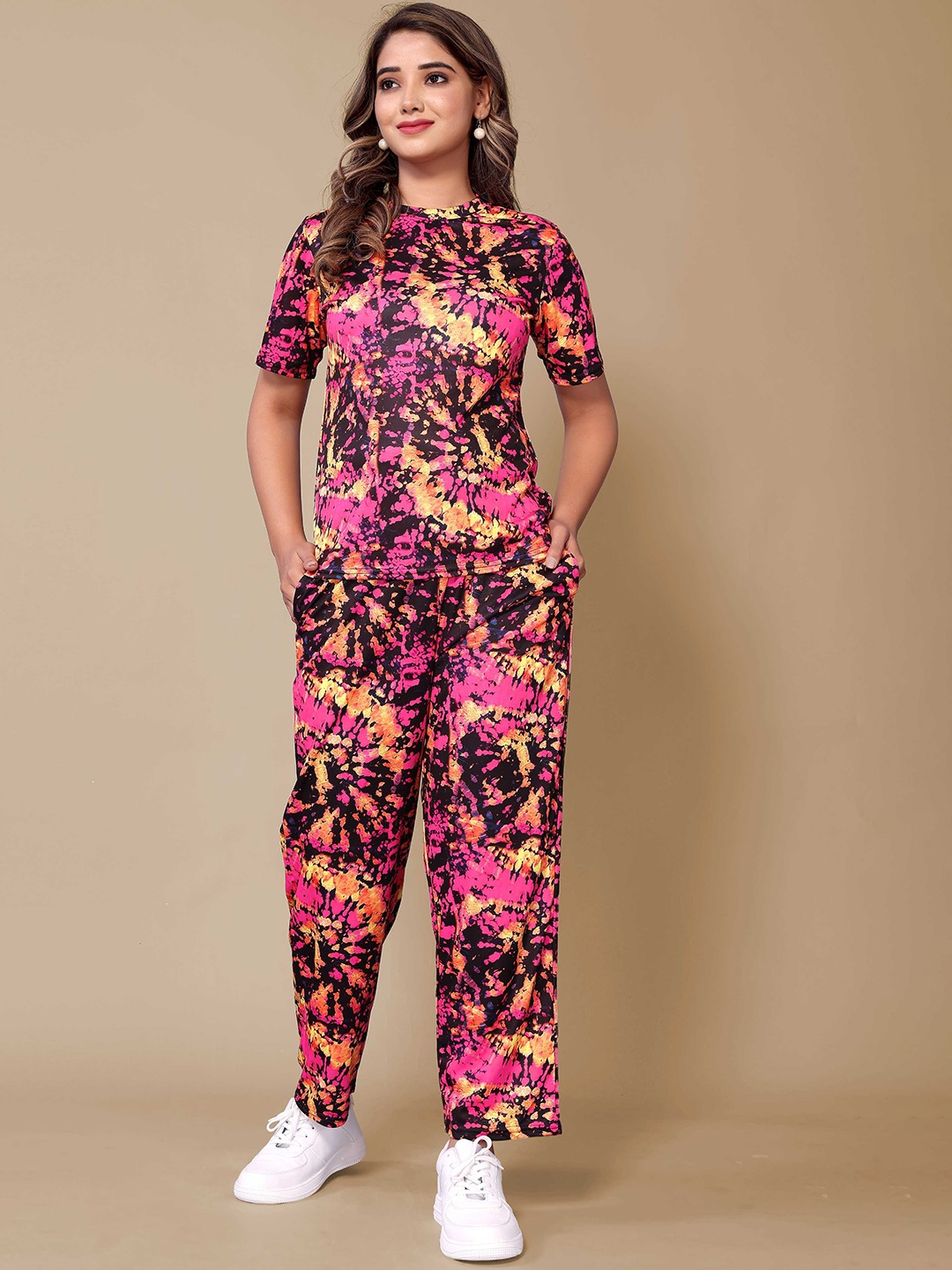 

Panzora Printed Round Neck Top With Trouser, Pink