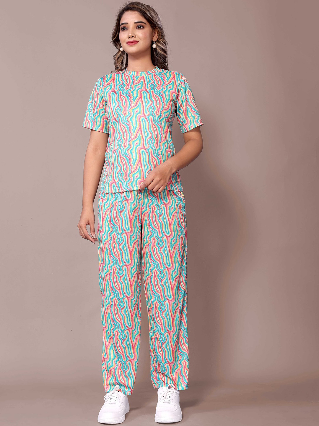 

Panzora Printed Round Neck Top With Trousers, Blue