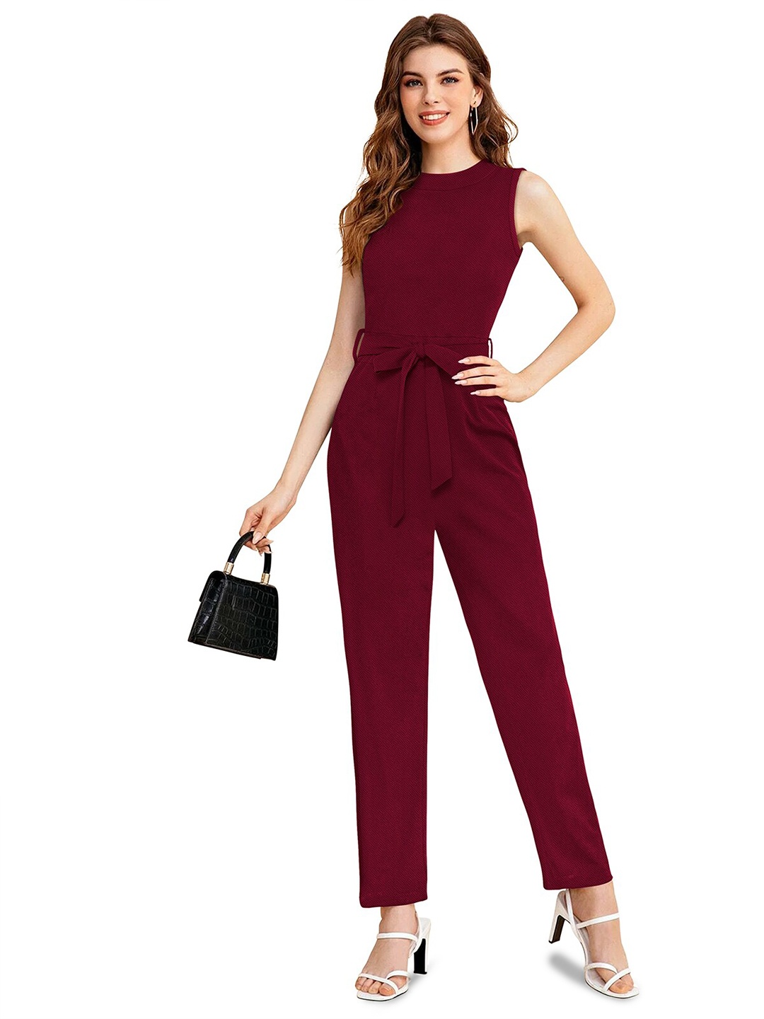 

BAESD Sleeveless Waist Tie Ups Basic Jumpsuit, Maroon