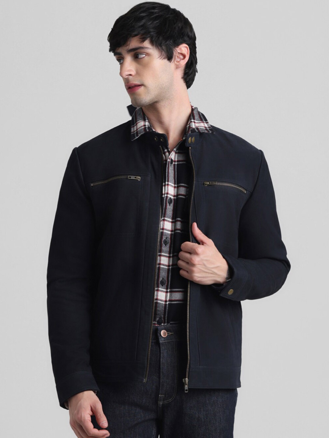 

Jack & Jones Stand Collar Leather Jacket, Navy blue