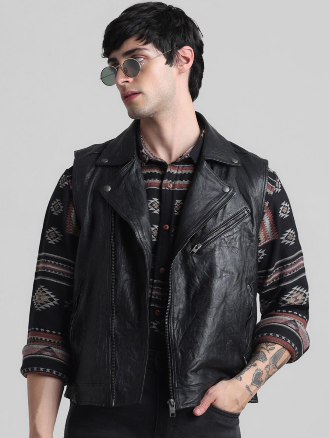 

Jack & Jones Zip Detail Leather Biker Jacket, Black