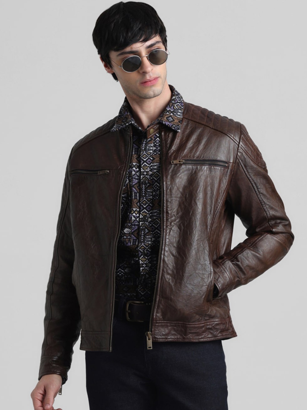 

Jack & Jones Band Collar Leather Jacket, Brown