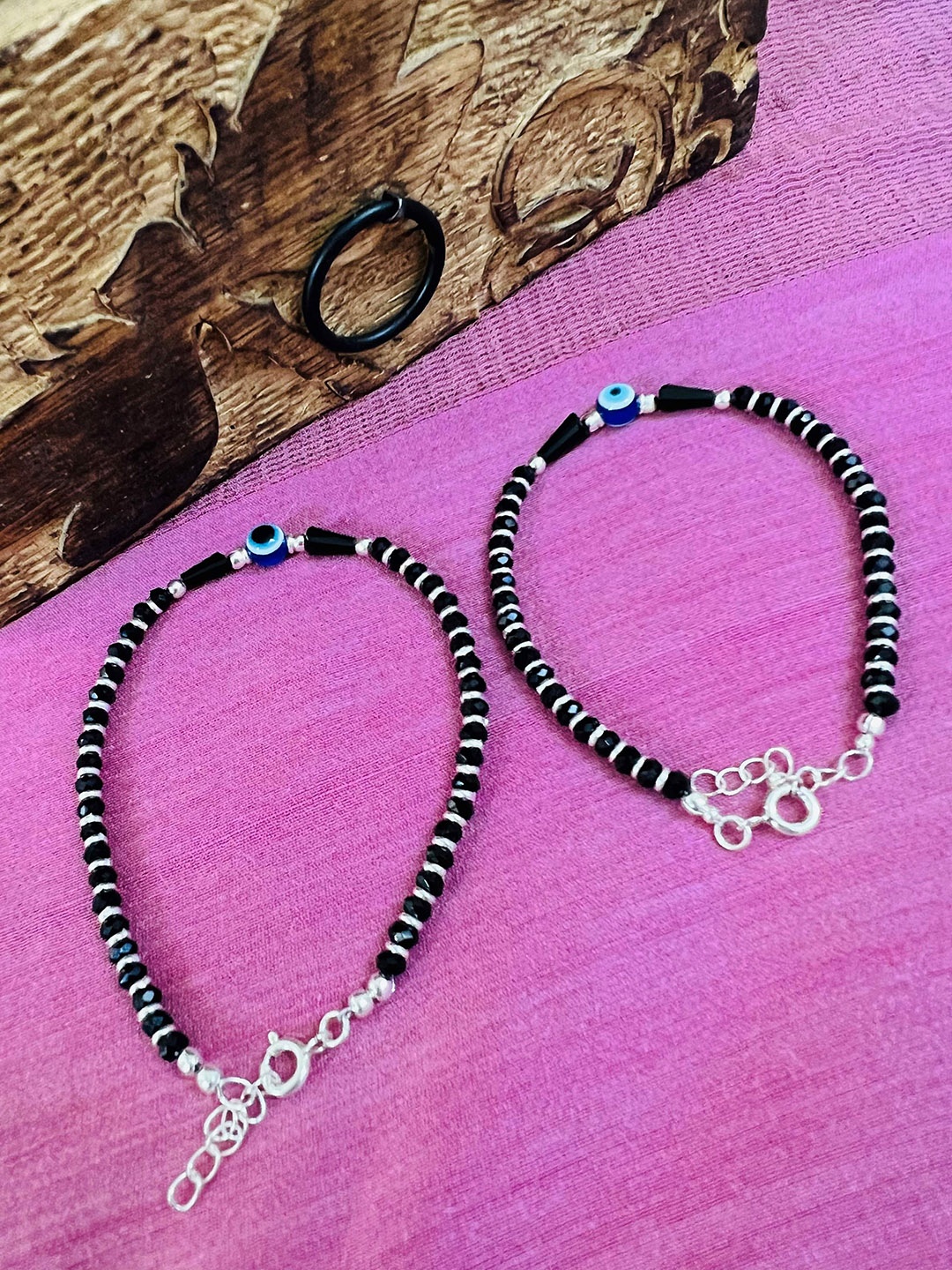 

Arte Jewels Set Of 2 925 Sterling Silver Beaded Nazariya Evil Eye Anklet