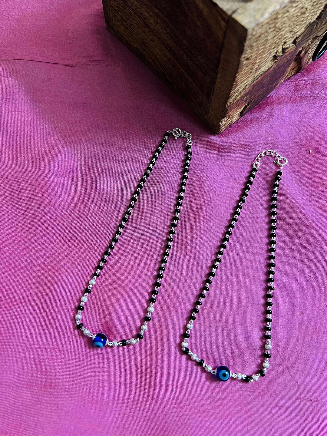 

Arte Jewels Set Of 2 92.5 Sterling Silver Beaded Evil Eye Anklets