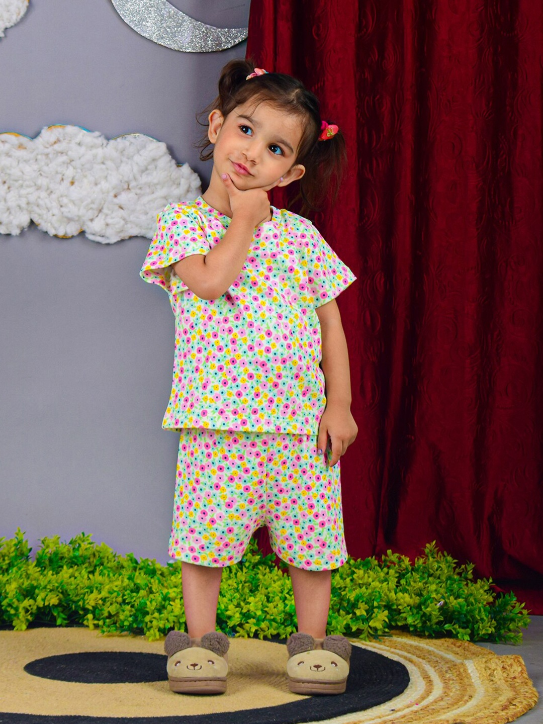 

Nino Bambino Girls Floral Printed Cotton Night Suit, White