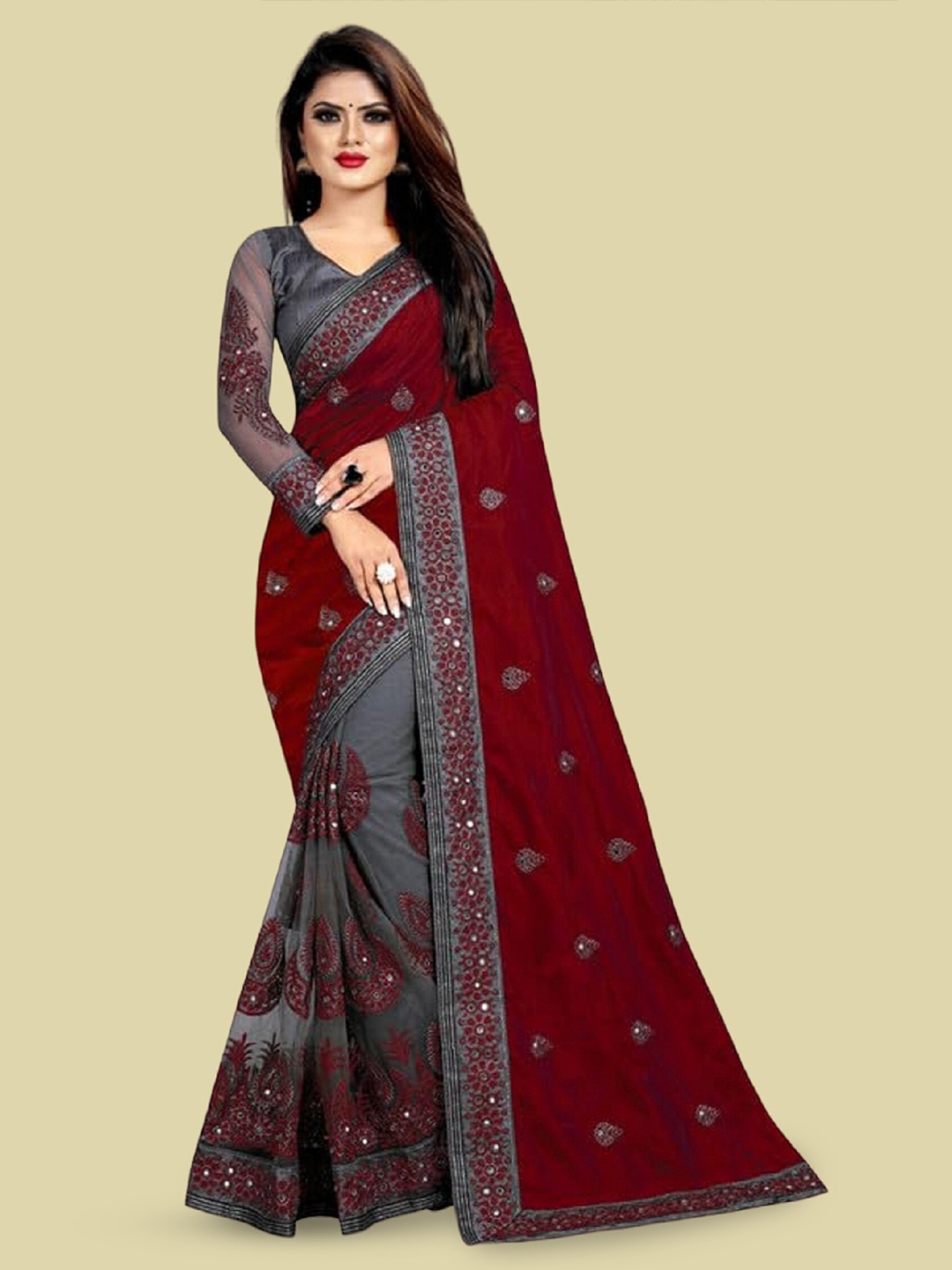 

APNISHA Ethnic Motifs Embroidered Pure Silk Half and Half Saree, Maroon