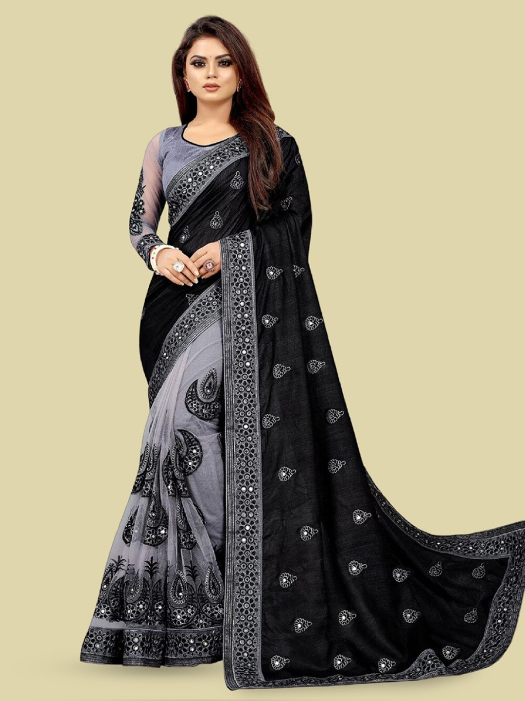 

APNISHA Ethnic Motifs Embroidered Pure Silk Half and Half Saree, Black