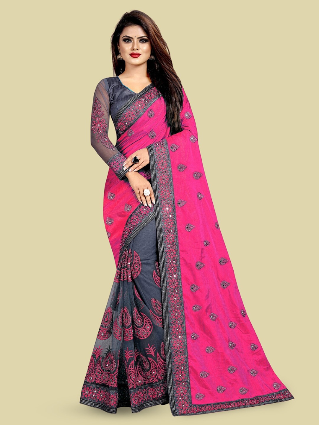 

APNISHA Ethnic Motifs Embroidered Pure Silk Half and Half Saree, Pink