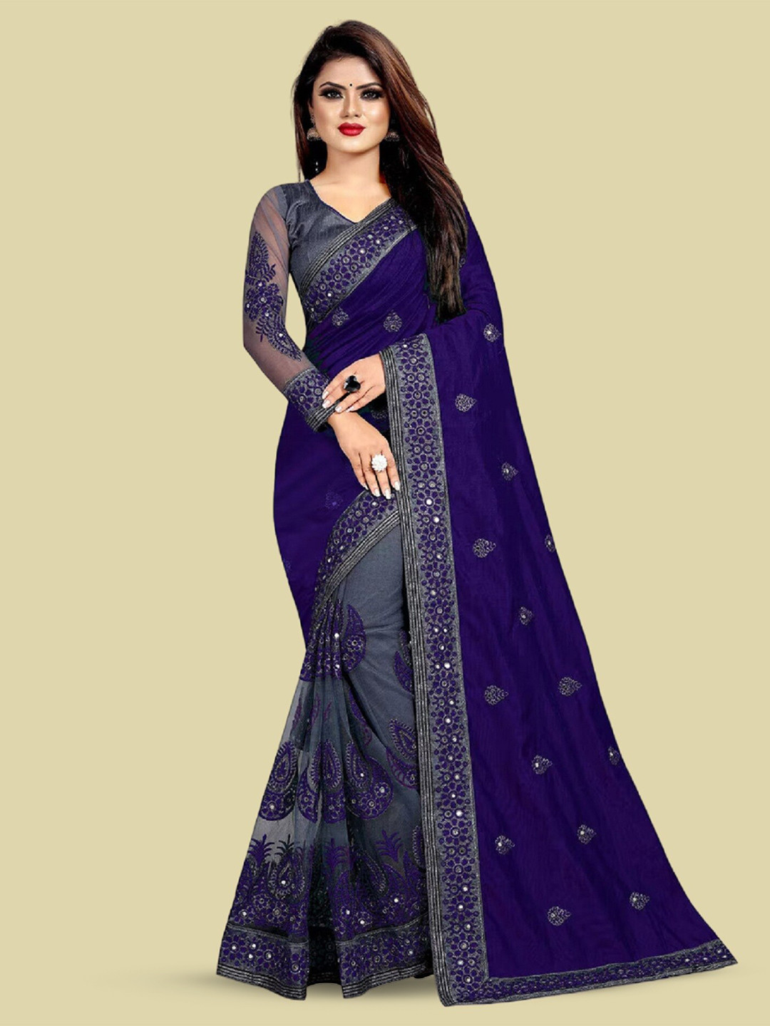 

APNISHA Ethnic Motifs Embroidered Pure Silk Half and Half Saree, Navy blue