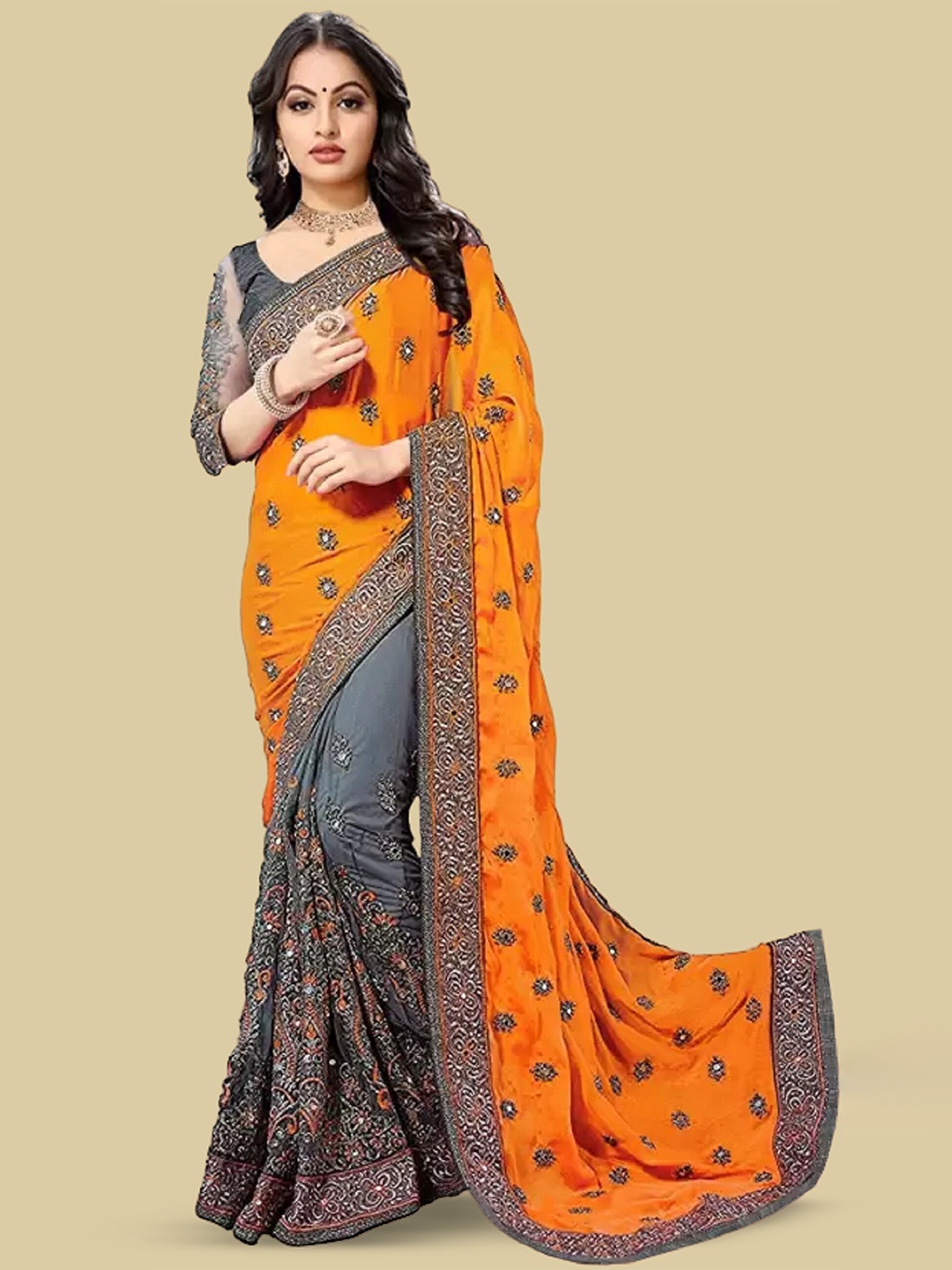 

APNISHA Ethnic Motifs Embroidered Pure Silk Half and Half Saree, Yellow