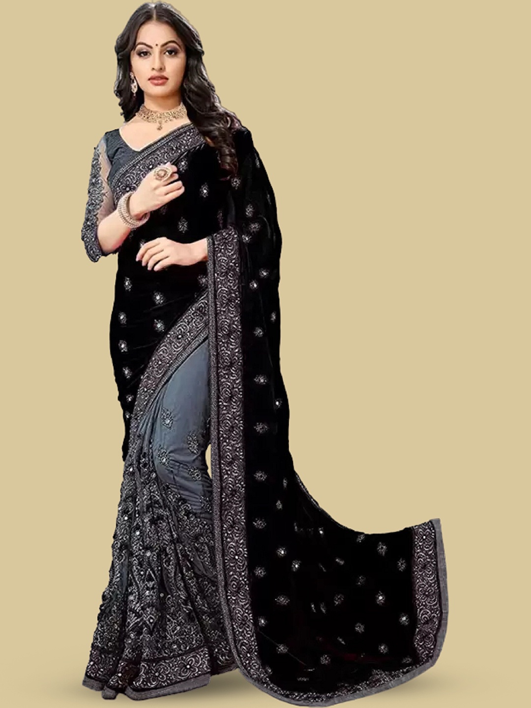 

APNISHA Ethnic Motifs Embroidered Pure Silk Half and Half Saree, Black