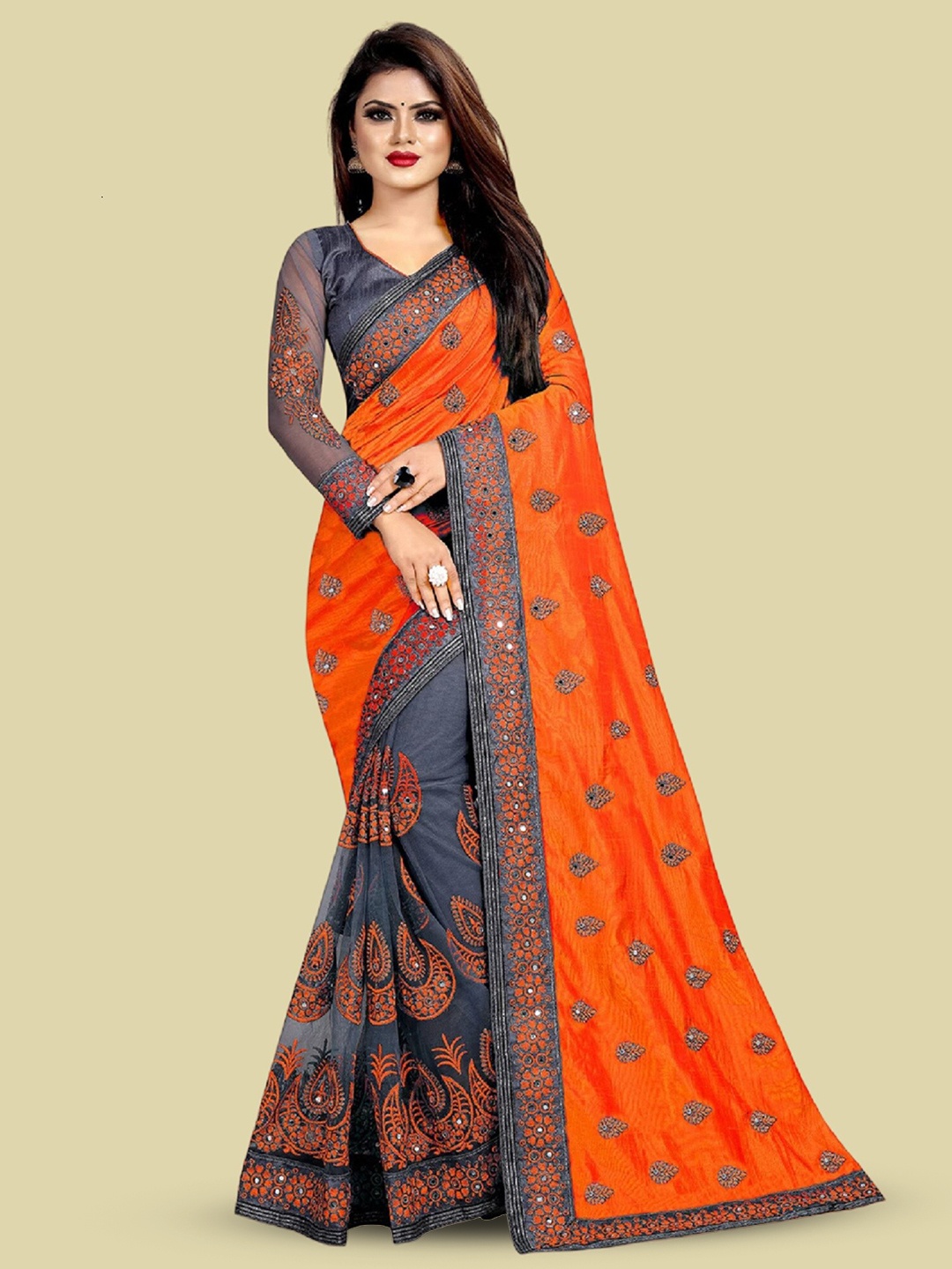 

APNISHA Ethnic Motifs Embroidered Pure Silk Half and Half Saree, Orange