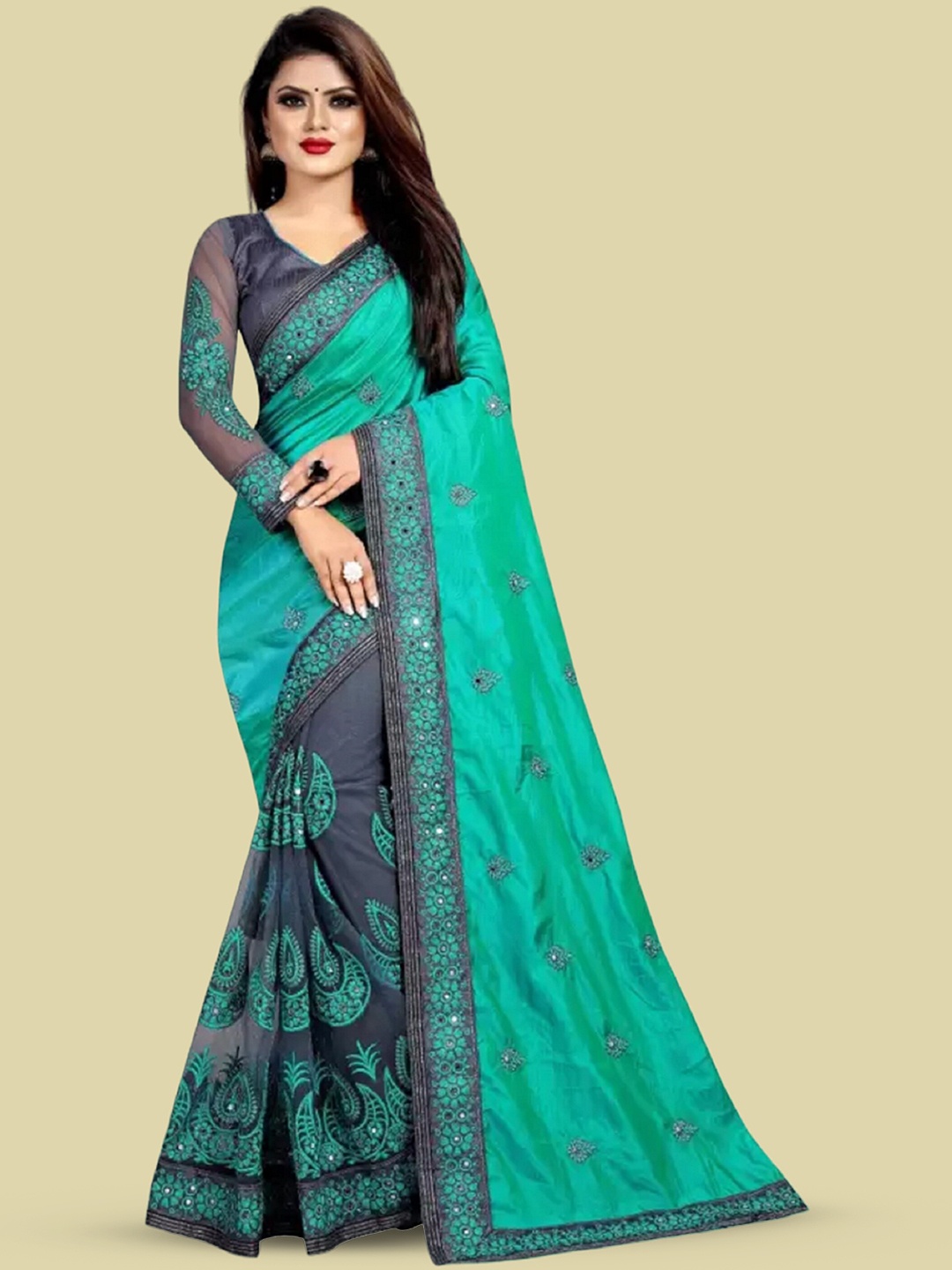 

APNISHA Ethnic Motifs Embroidered Pure Silk Half and Half Saree, Tan
