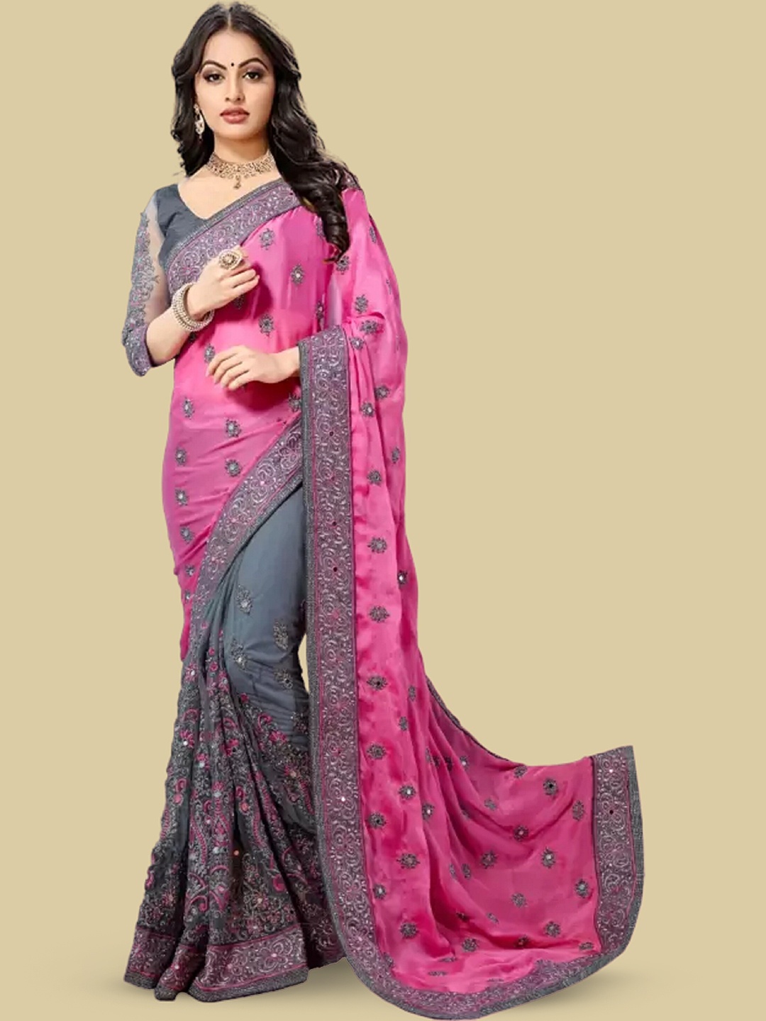 

APNISHA Ethnic Motifs Embroidered Pure Silk Half and Half Saree, Pink