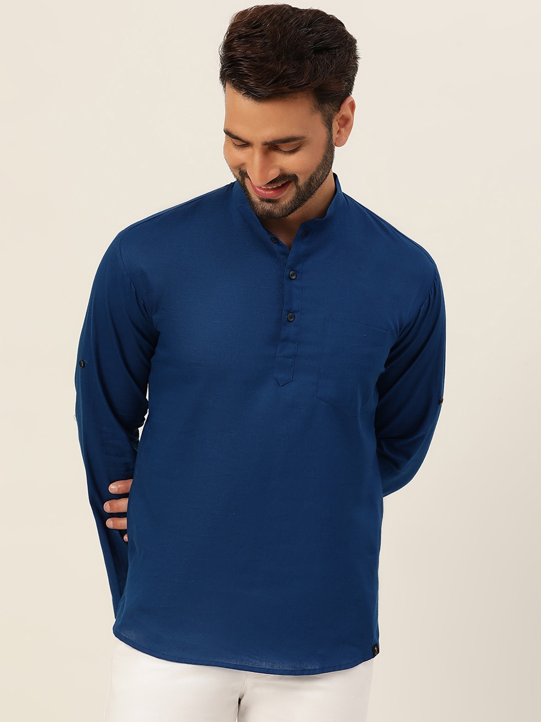 

JAVINISHKA Mandarin Collar Regular Cotton Linen Kurta, Blue