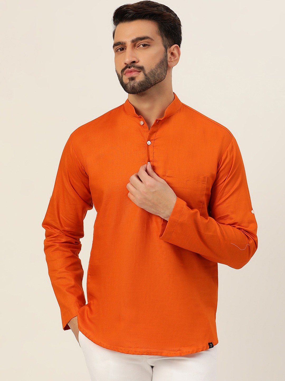 

JAVINISHKA Mandarin Collar Cotton Linen Short Kurta, Orange