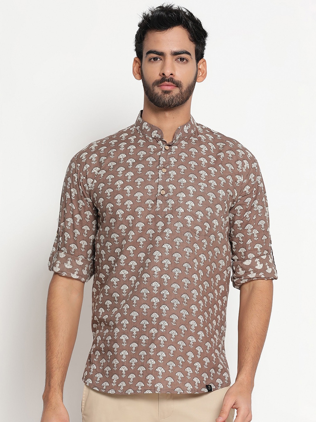 

JAVINISHKA Ethnic Motifs Printed Mandarin Collar Roll-Up Sleeves Pure Cotton Kurta, Brown