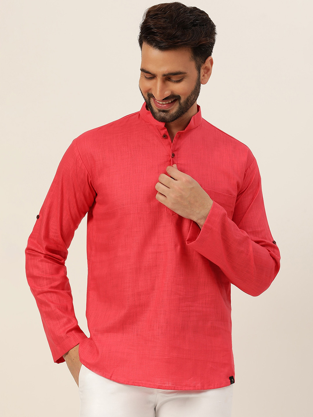 

JAVINISHKA Mandarin Collar Cotton Linen Straight Kurta, Pink