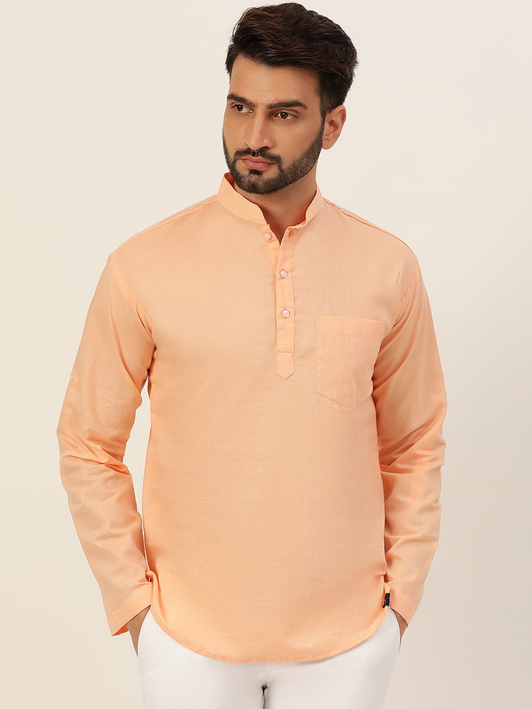 

JAVINISHKA Mandarin Collar Cotton Linen Straight Kurta, Peach