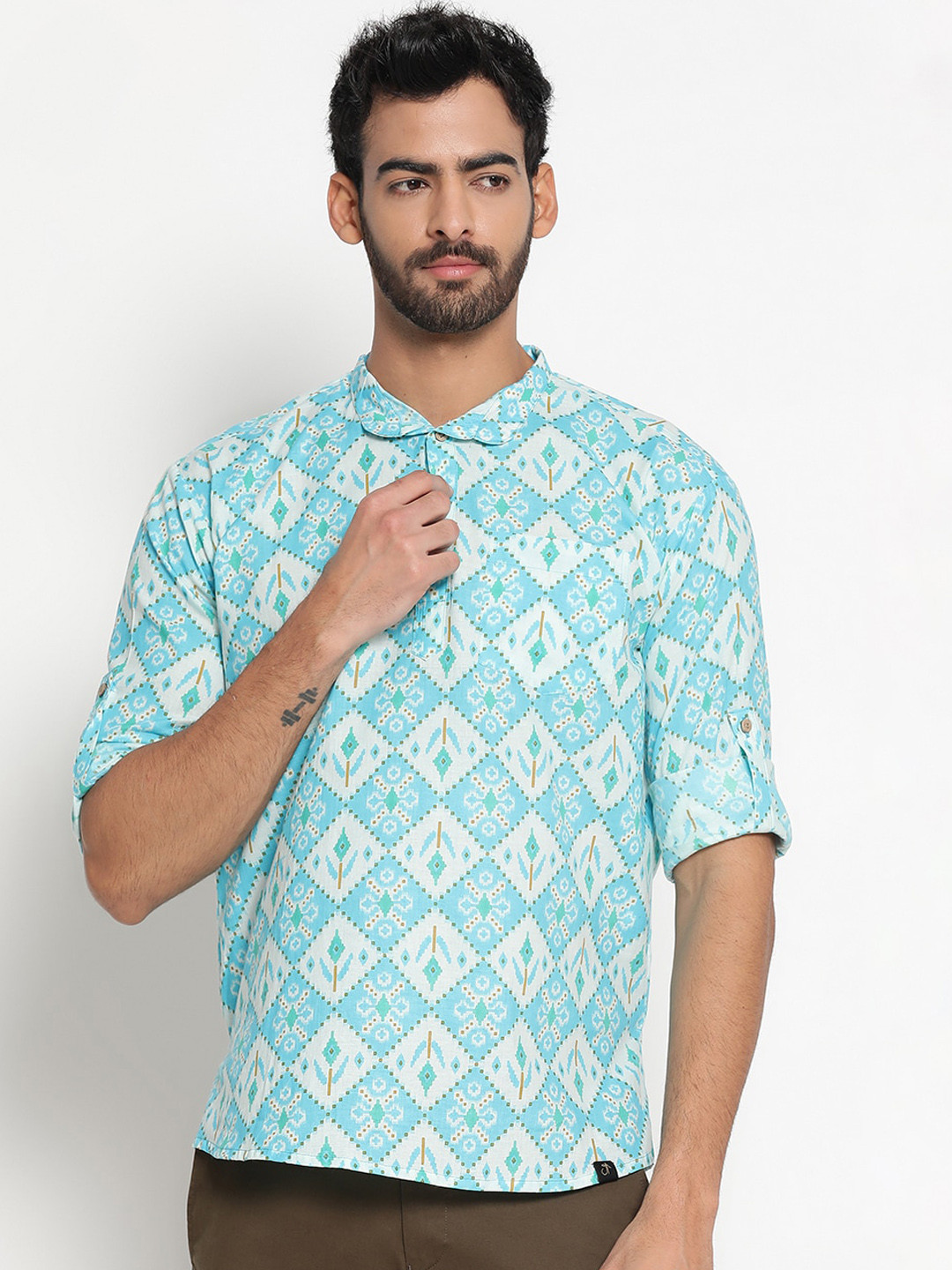 

JAVINISHKA Ethnic Motifs Printed Shirt Collar Pure Cotton Kurta, Blue
