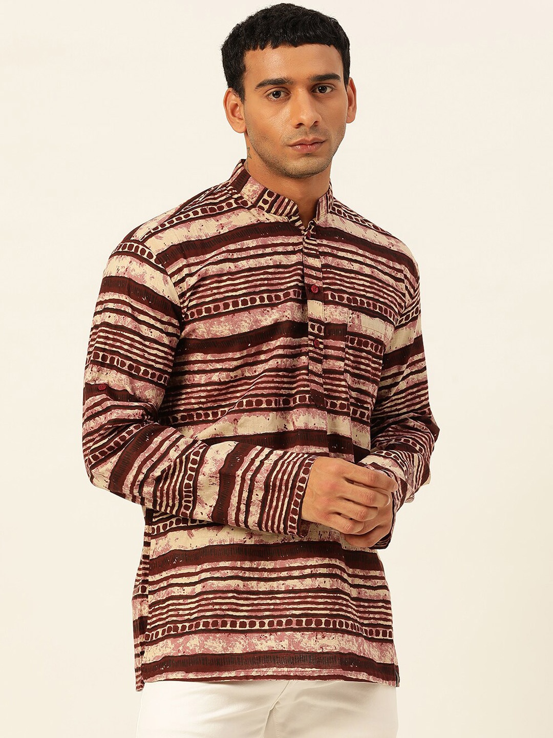 

JAVINISHKA Striped Mandarin Collar Pure Cotton Kurta, Brown