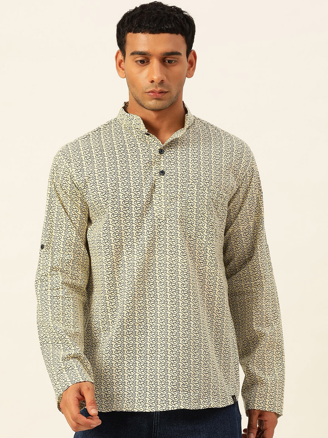 

JAVINISHKA Geometric Printed Pure Cotton Short Kurta, Beige