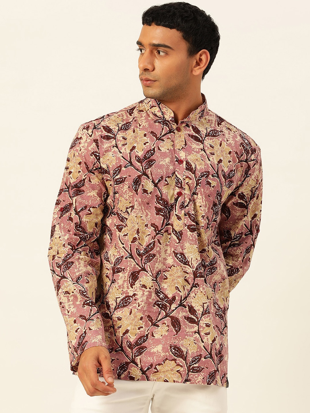 

JAVINISHKA Floral Printed Mandarin Collar Roll-Up Sleeves Pure Cotton Kurta, Pink