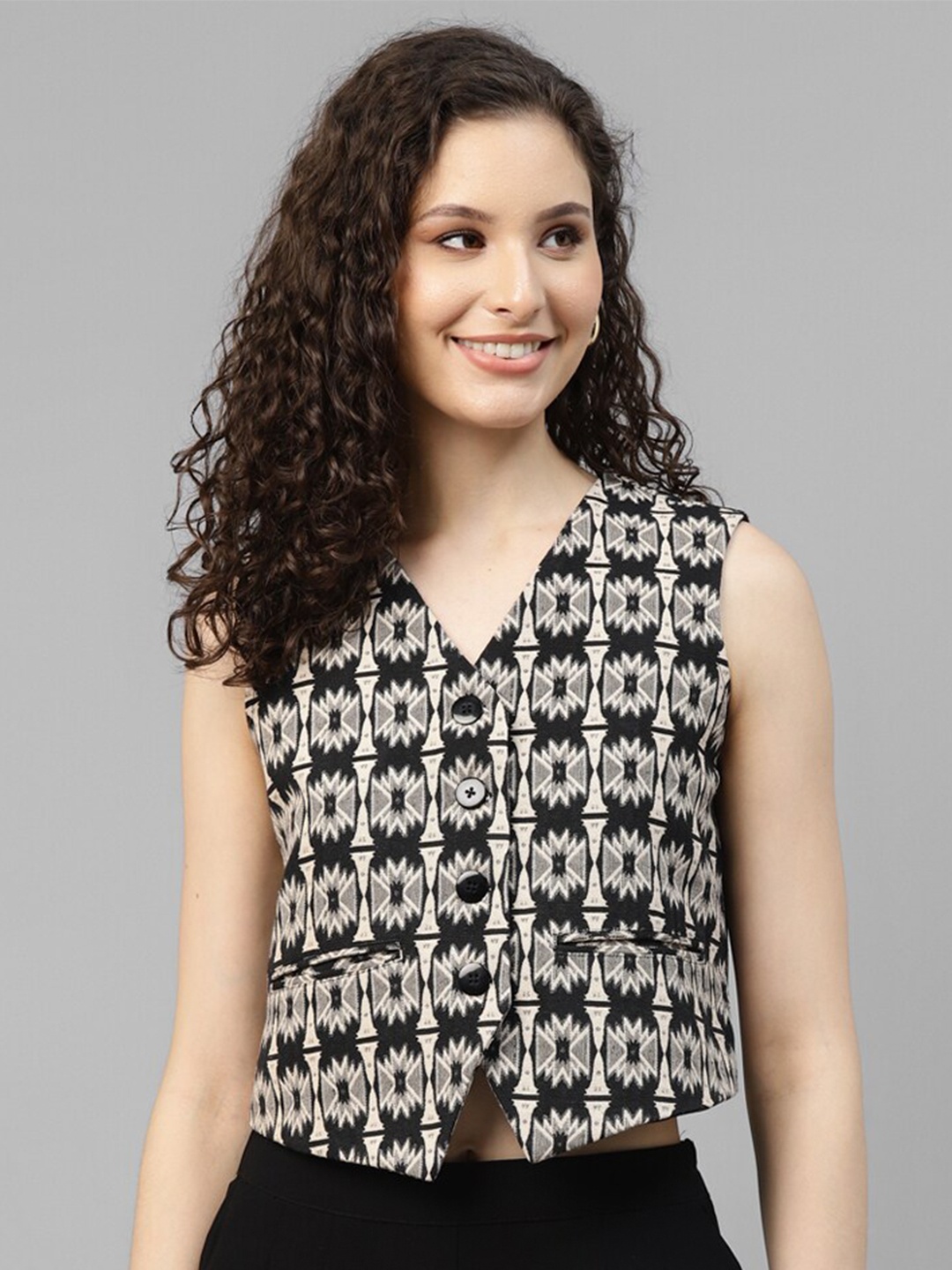 

DEEBACO Geometric Woven Design V-Neck Jacquard Waistcoat, Beige