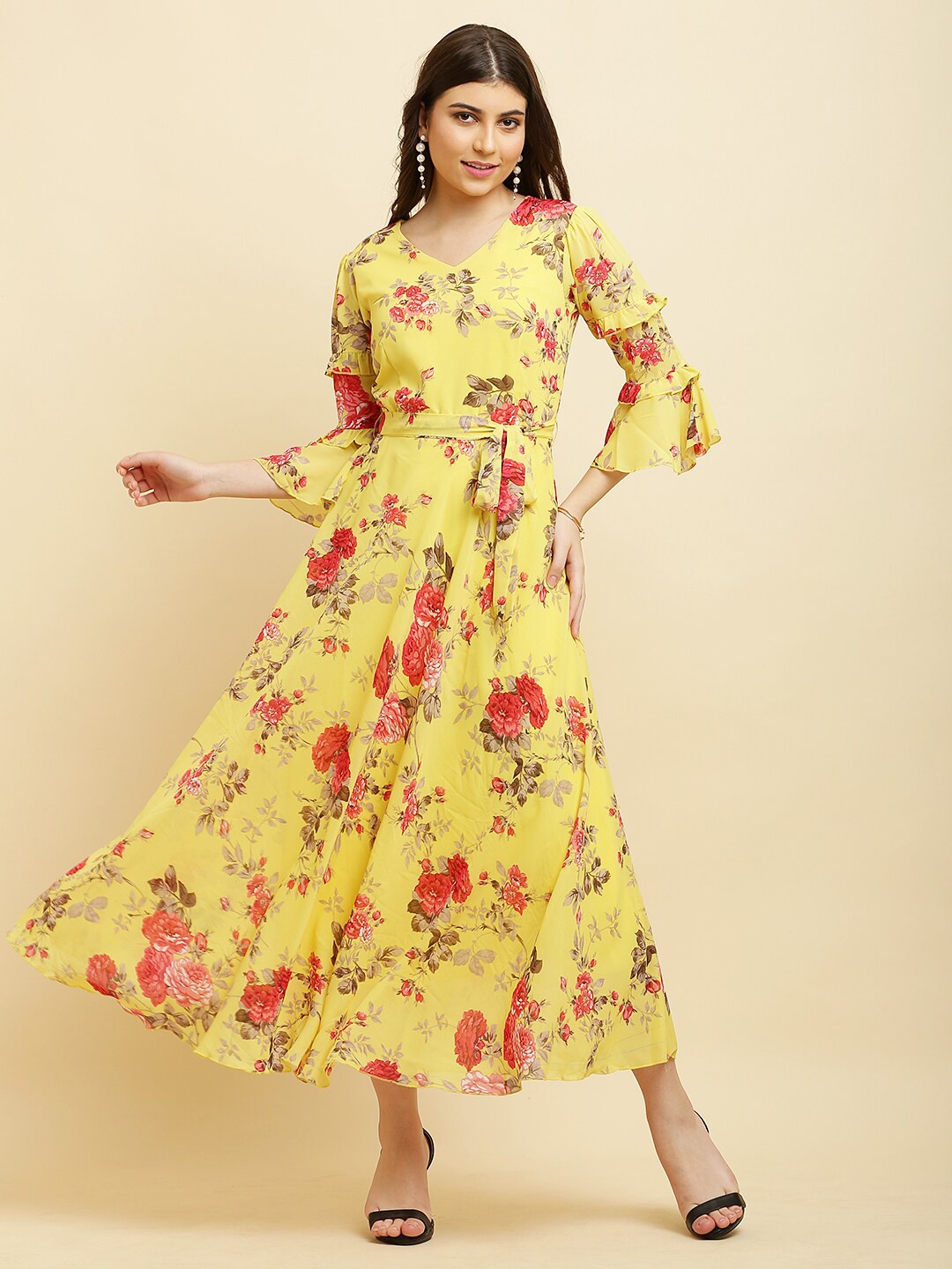 

HELLO DESIGN Floral Printed Bell Sleeve Georgette Fit & Flare Maxi Dress, Mustard