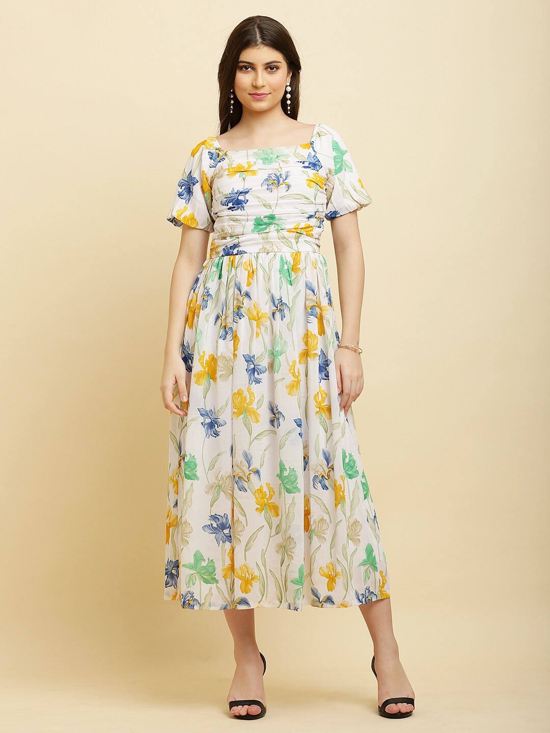 

HELLO DESIGN Floral Printed Georgette Pleated Fit & Flare Midi Dress, White