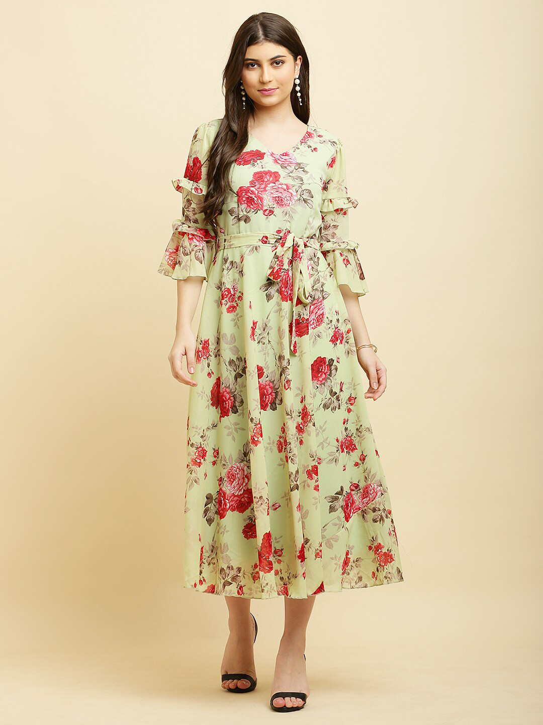 

HELLO DESIGN Floral Printed Bell Sleeves Georgette Tie-Up Fit & Flare Midi Dress, Green