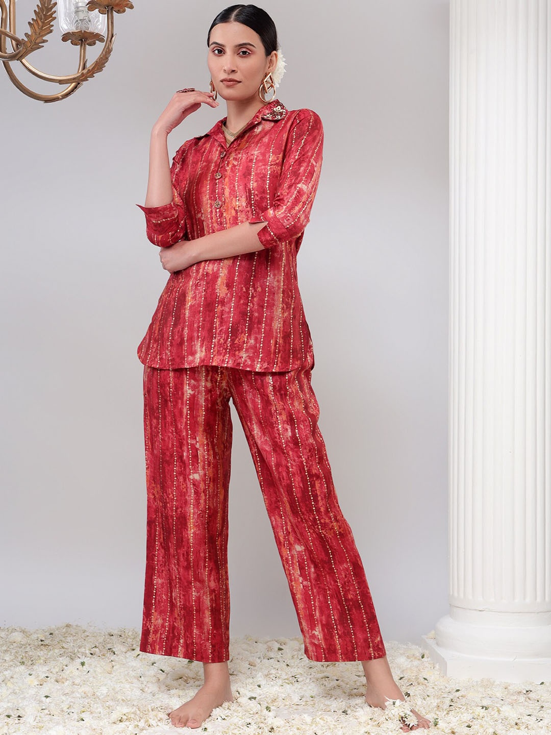 

Bani Women Abstract Printed Shirt Collar Tunic With Trousers, Rust