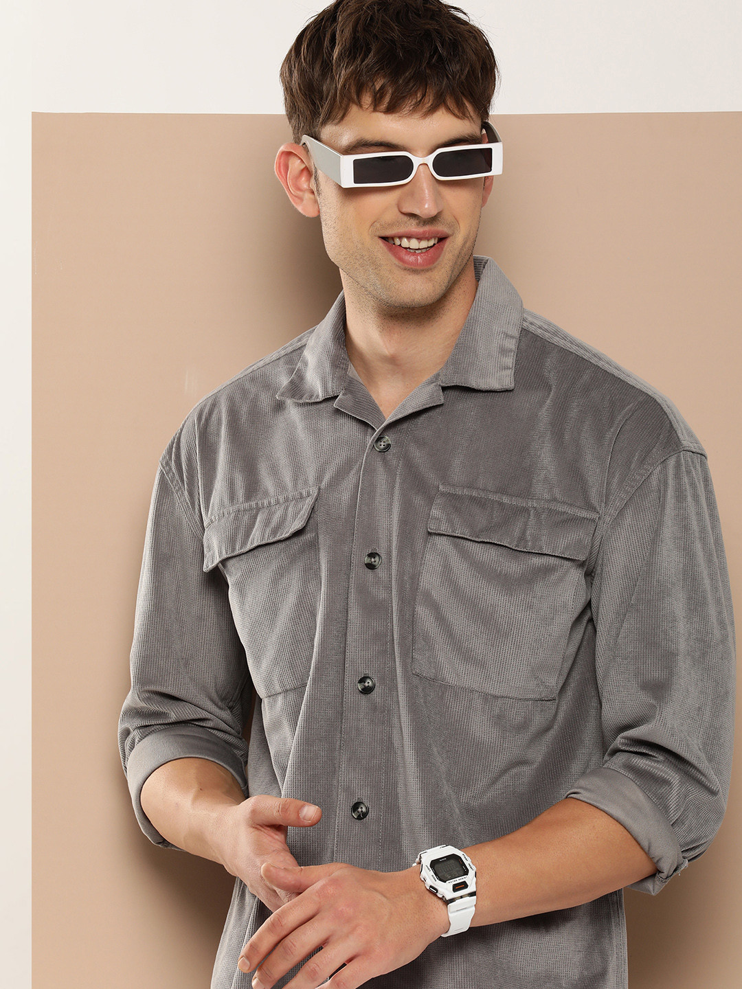 

HERE&NOW Men Cuban Collar Corduroy Opaque Casual Shirt, Grey