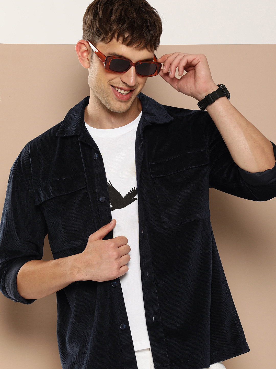 

HERE&NOW Men Cuban Collar Corduroy Opaque Casual Shirt, Navy blue
