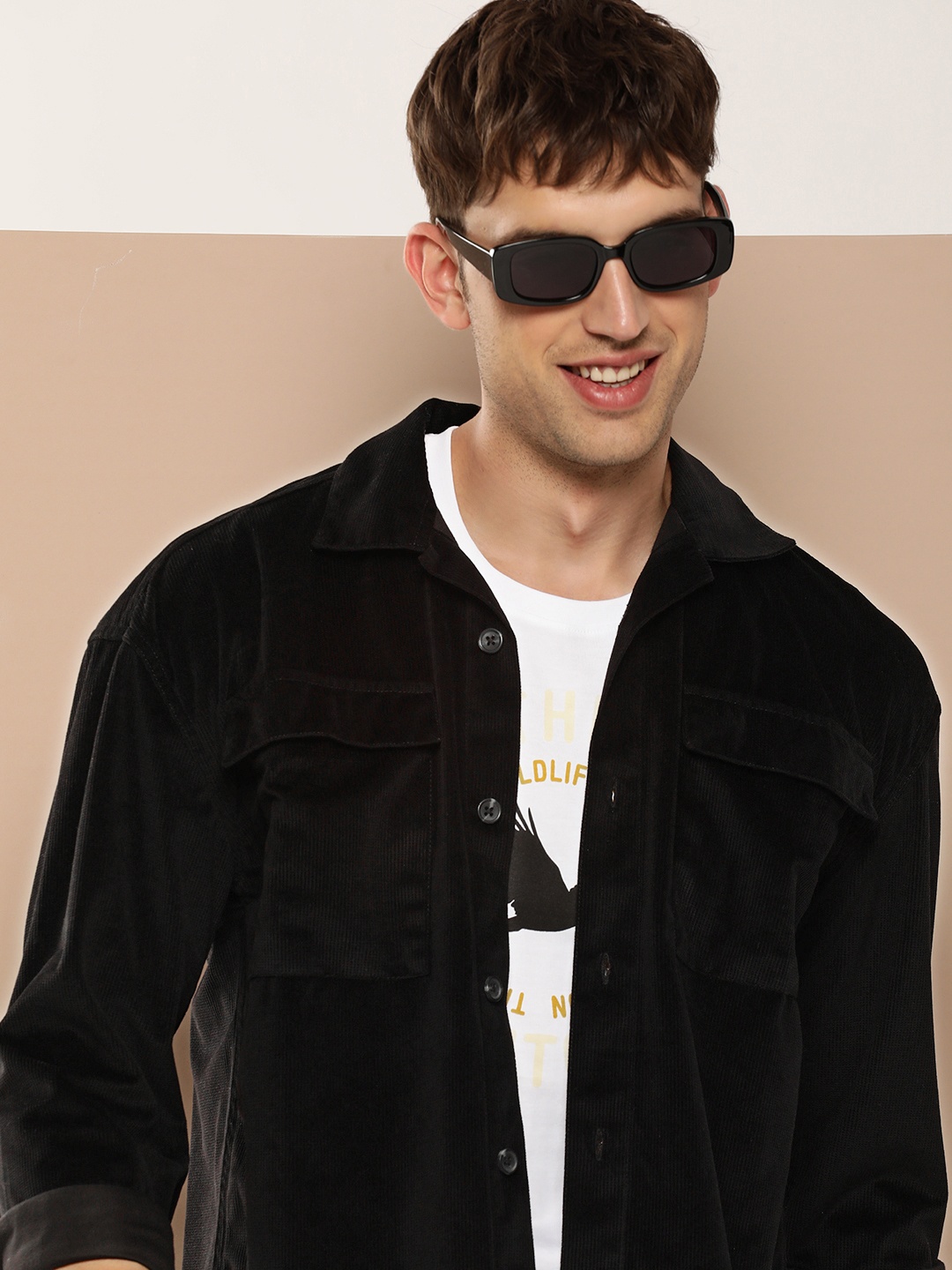 

HERE&NOW Men Cuban Collar Corduroy Opaque Casual Shirt, Black