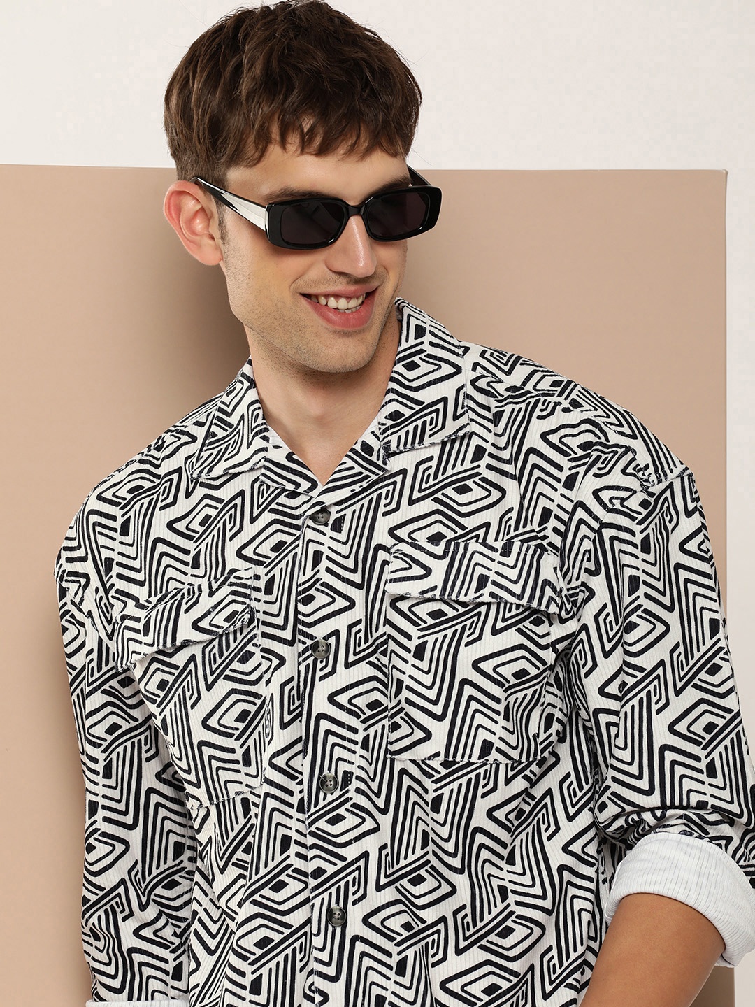 

HERE&NOW Men Geometric Printed Cuban Collar Corduroy Opaque Casual Shirt, White