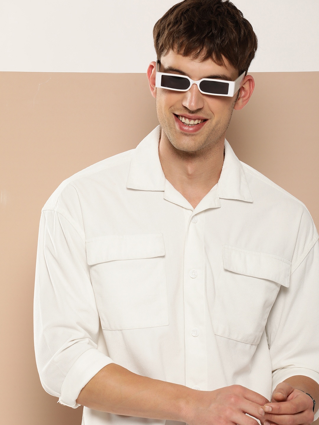 

HERE&NOW Men Cuban Collar Corduroy Opaque Casual Shirt, White