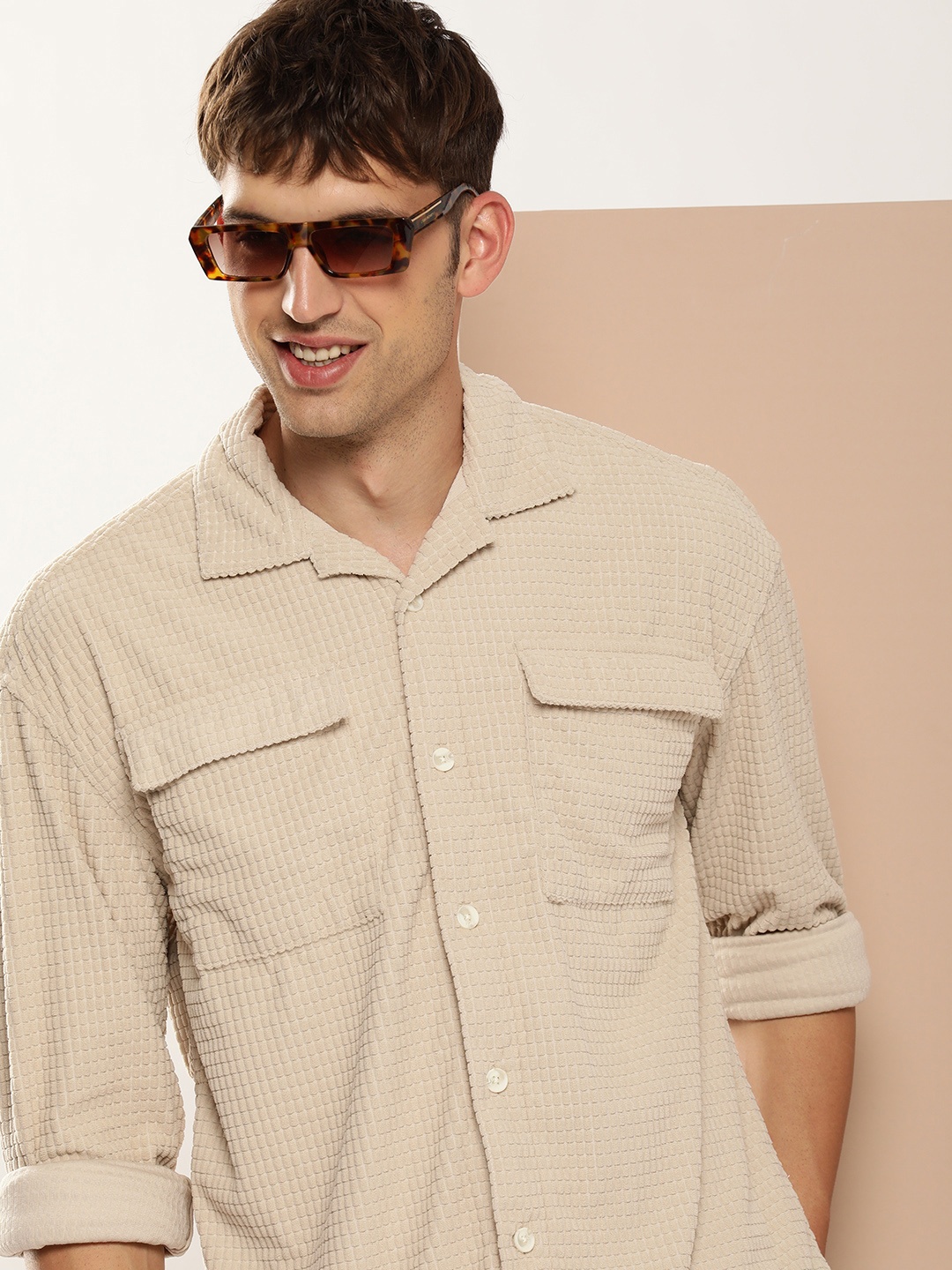 

HERE&NOW Men Cuban Collar Corduroy Opaque Casual Shirt, Beige