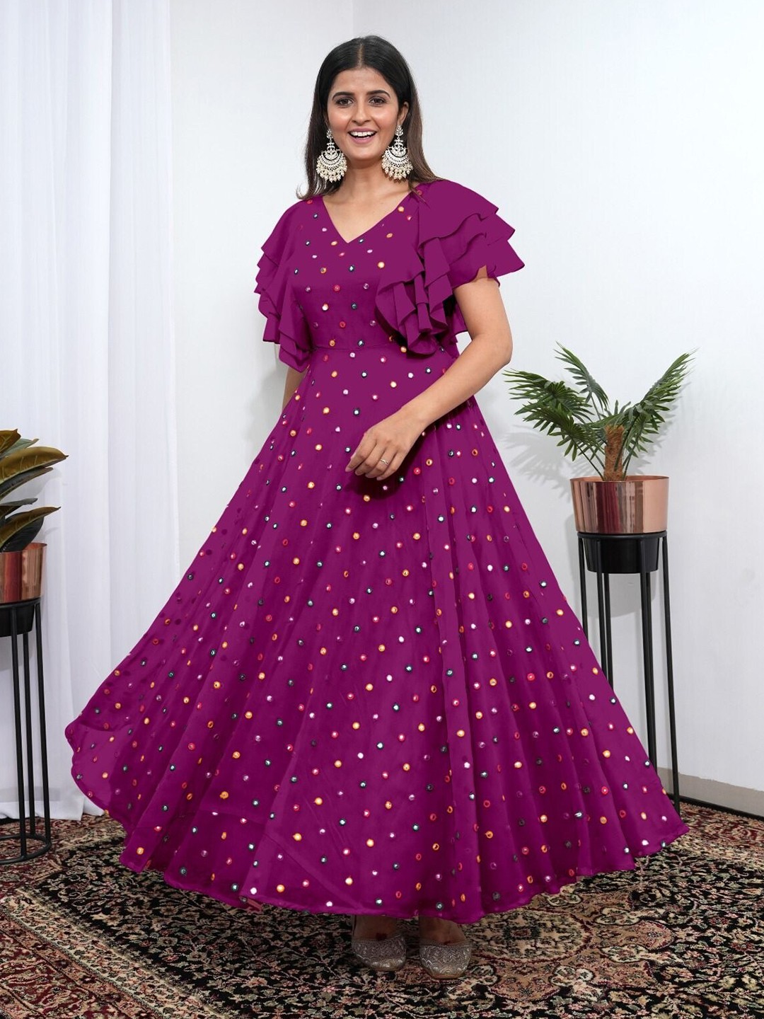 

BLACK SCISSOR Geometric Embroidered V-Neck Flutter Sleeves Maxi Ethnic Dress, Burgundy