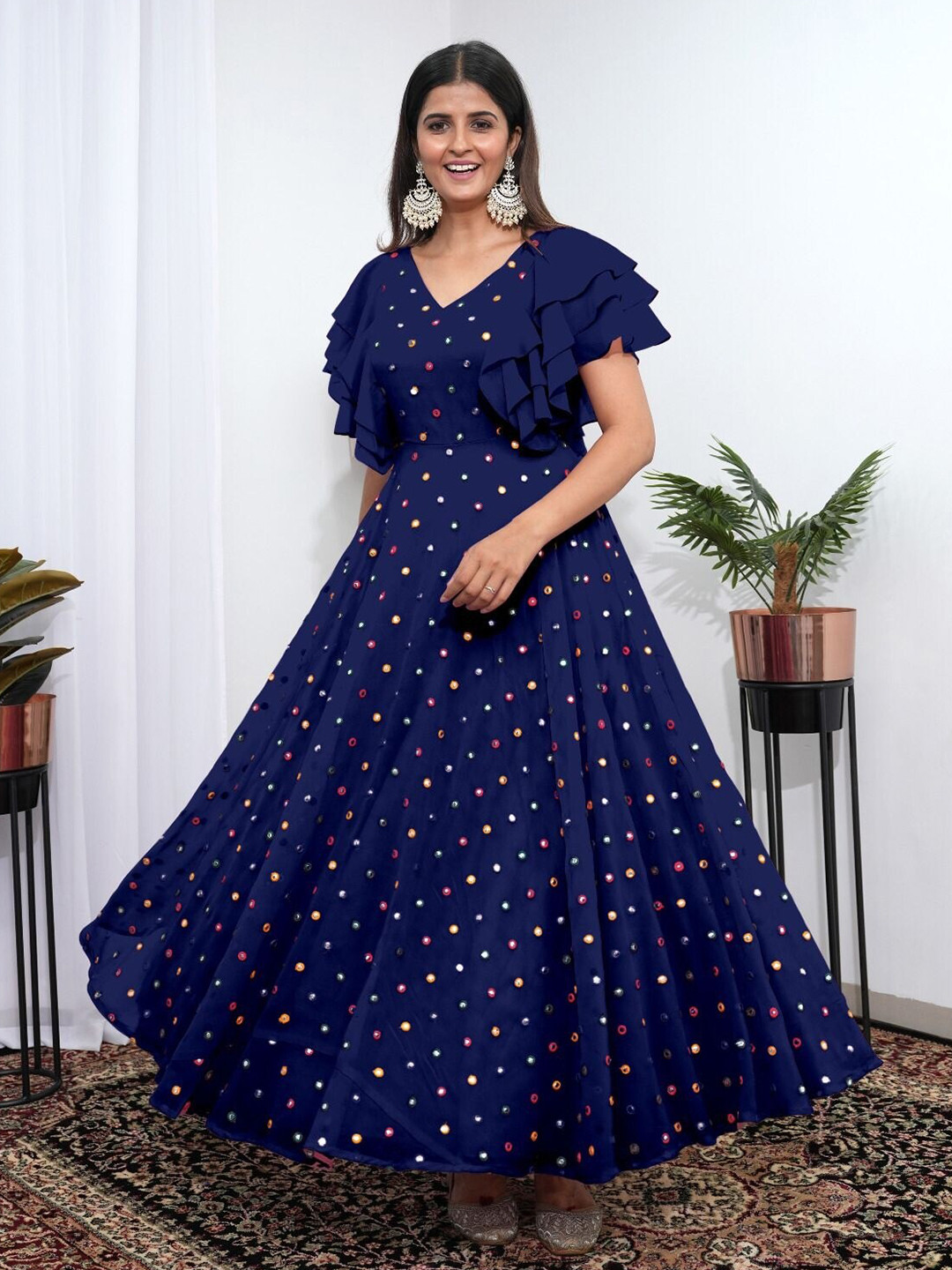 

BLACK SCISSOR Geometric Embroidered V-Neck Flutter Sleeves Maxi Ethnic Dress, Navy blue