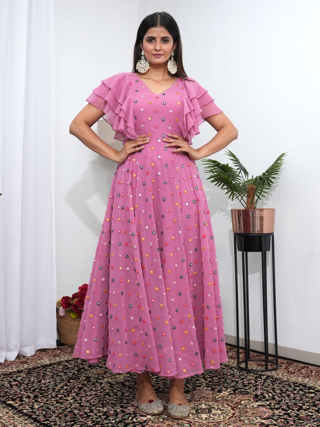

KALINI Ethnic Motifs Embellished Georgette Fit and Flare Maxi Ethnic Dress, Pink