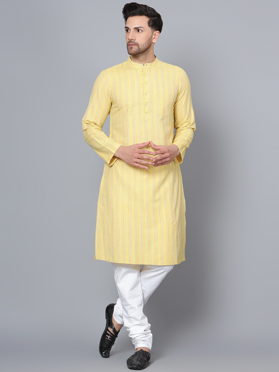 

Latest Chikan Garments Vertical Striped Mandarin Collar Pure Cotton Kurta, Yellow