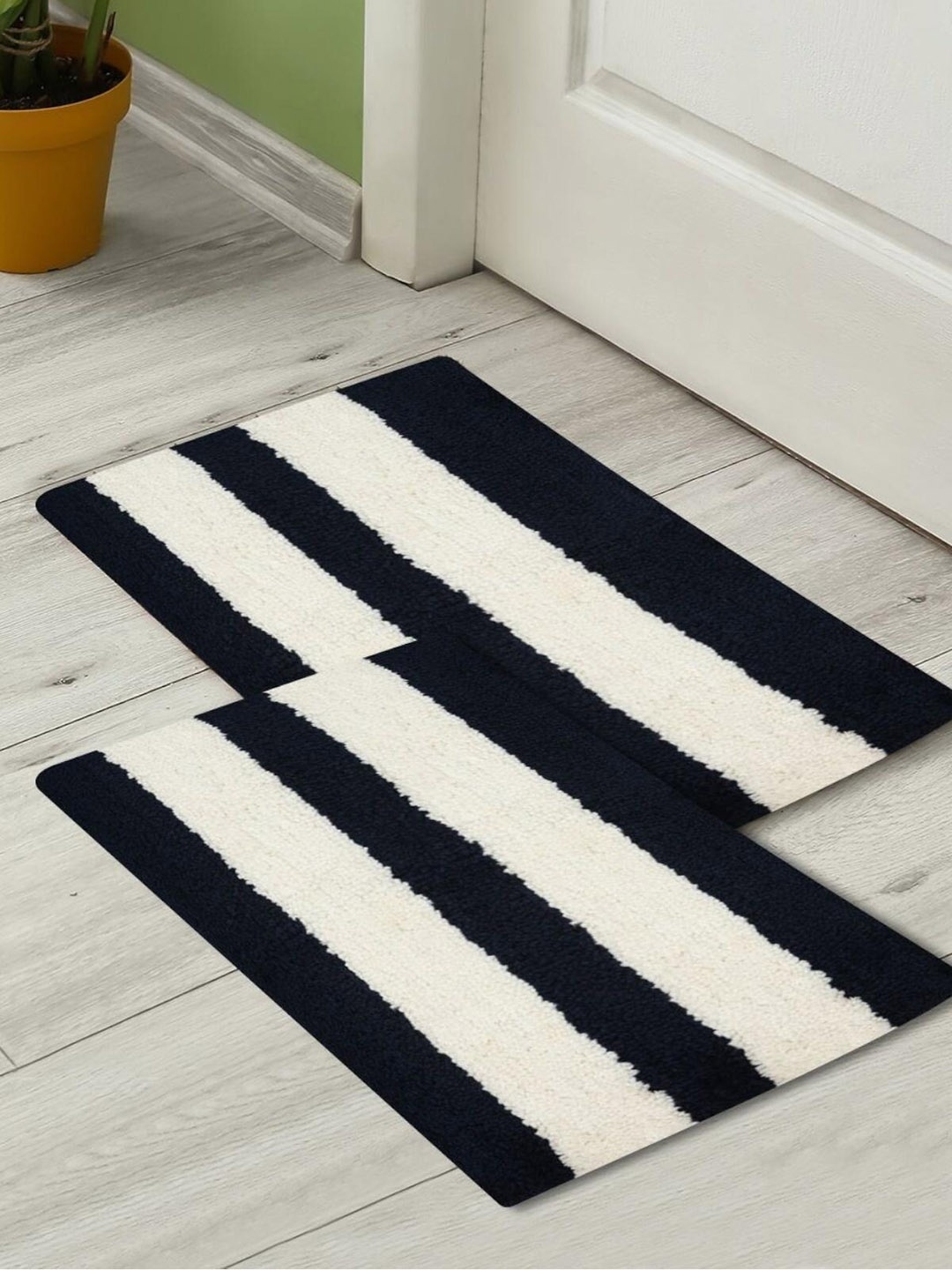

HOMETALES Navy Blue 2 Pieces Striped Anti-Skid Doormats