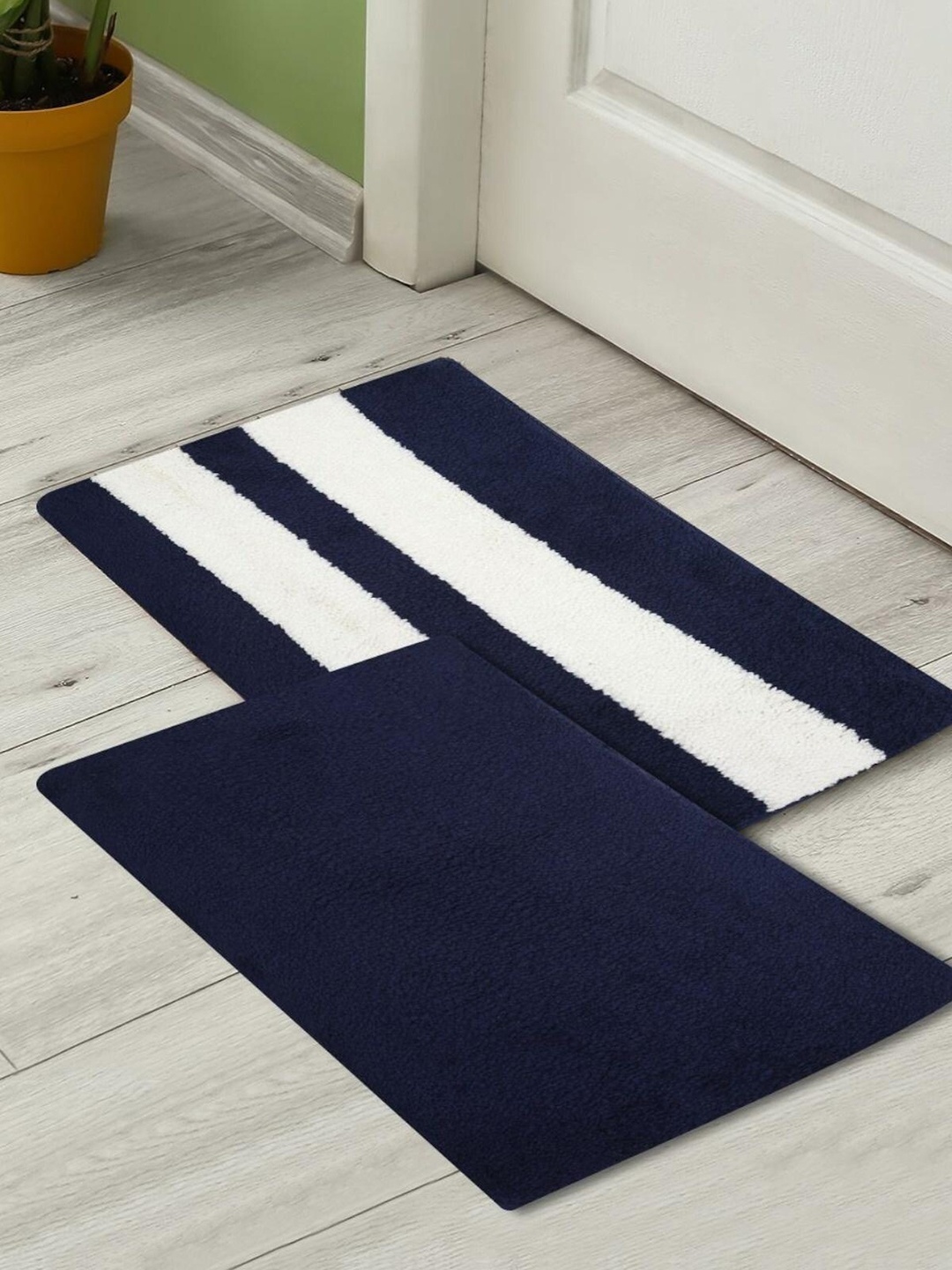 

HOMETALES Navy-Blue & White 2 Pieces Striped Anti Skid Doormats