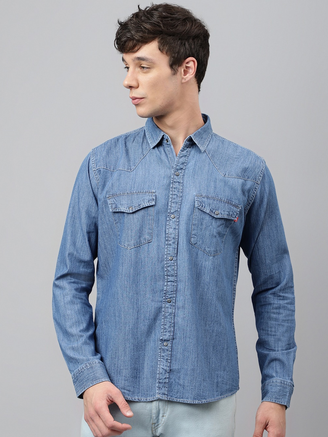 

Code 61 Slim Fit Faded Spread Collar Cotton Casual Shirt, Blue