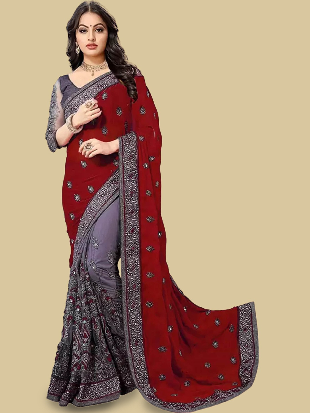 

APNISHA Ethnic Motifs Embroidered Beads & Stones Pure Silk Half & Half Saree, Maroon