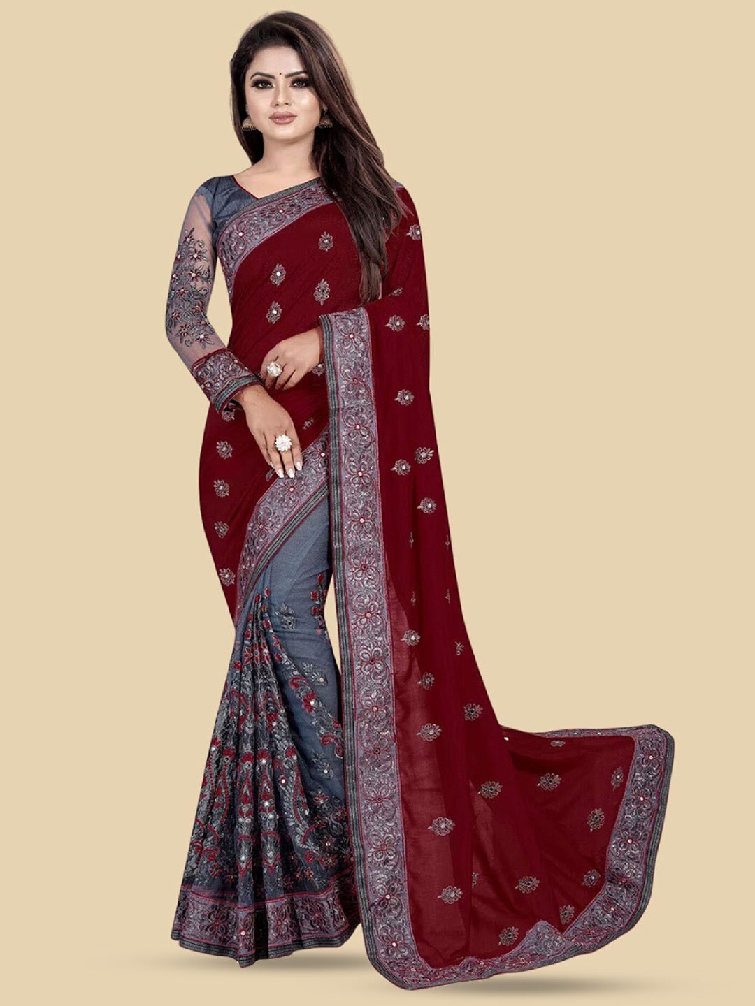 

APNISHA Ethnic Motifs Embroidered Beads & Stones Pure Silk Half & Half Saree, Maroon