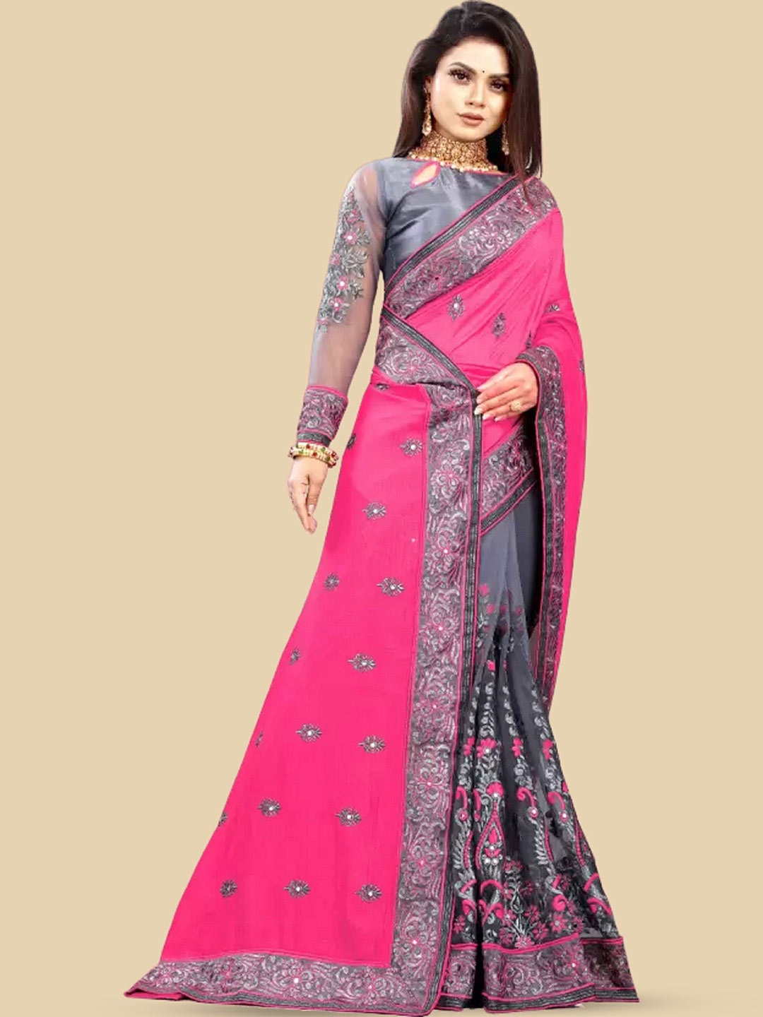 

APNISHA Ethnic Motifs Embroidered Beads & Stones Pure Silk Half & Half Saree, Pink