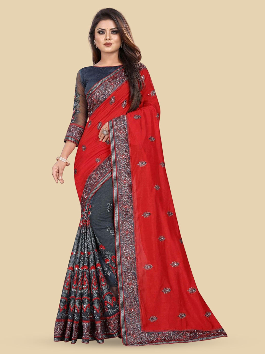 

APNISHA Ethnic Motifs Embroidered Beads & Stones Pure Silk Half & Half Saree, Red